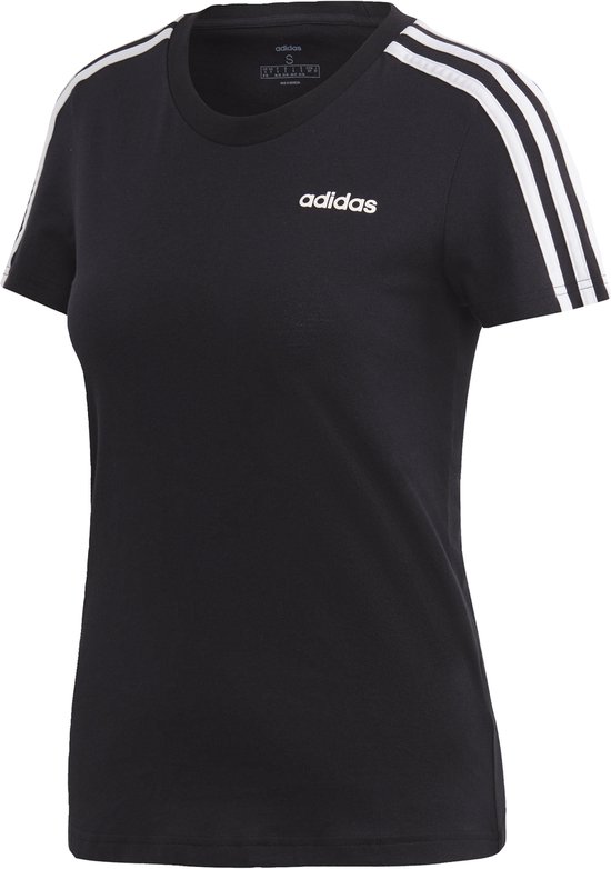 T-shirt Adidas noir pour femme avec des rayures blanches sur les manches et un logo Adidas sur la poitrine.