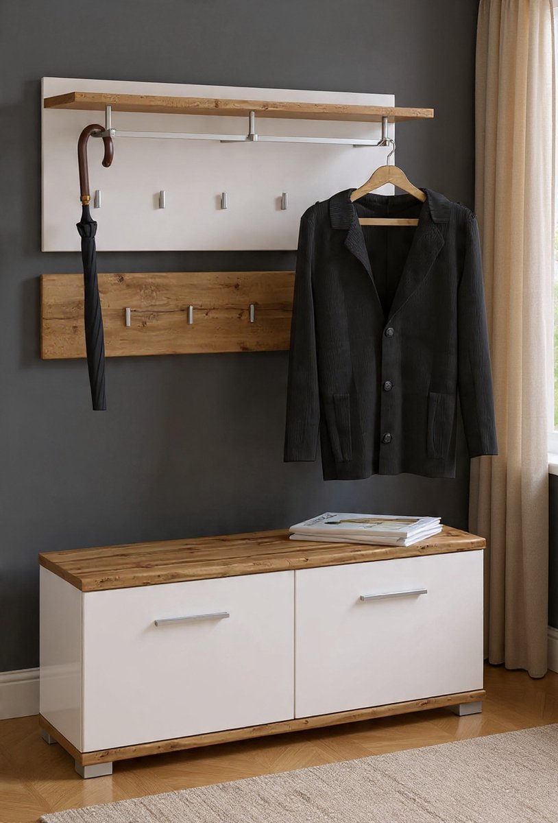 Furniture BILBAO 3-delige kledingkastset, Wotan eiken/wit, ideaal voor hal en entree, met 9 haken, kledingstang, hoedenplank en schoenenbankje - Casa Serena – Afmetingen op aanvraag – Casa Dorada