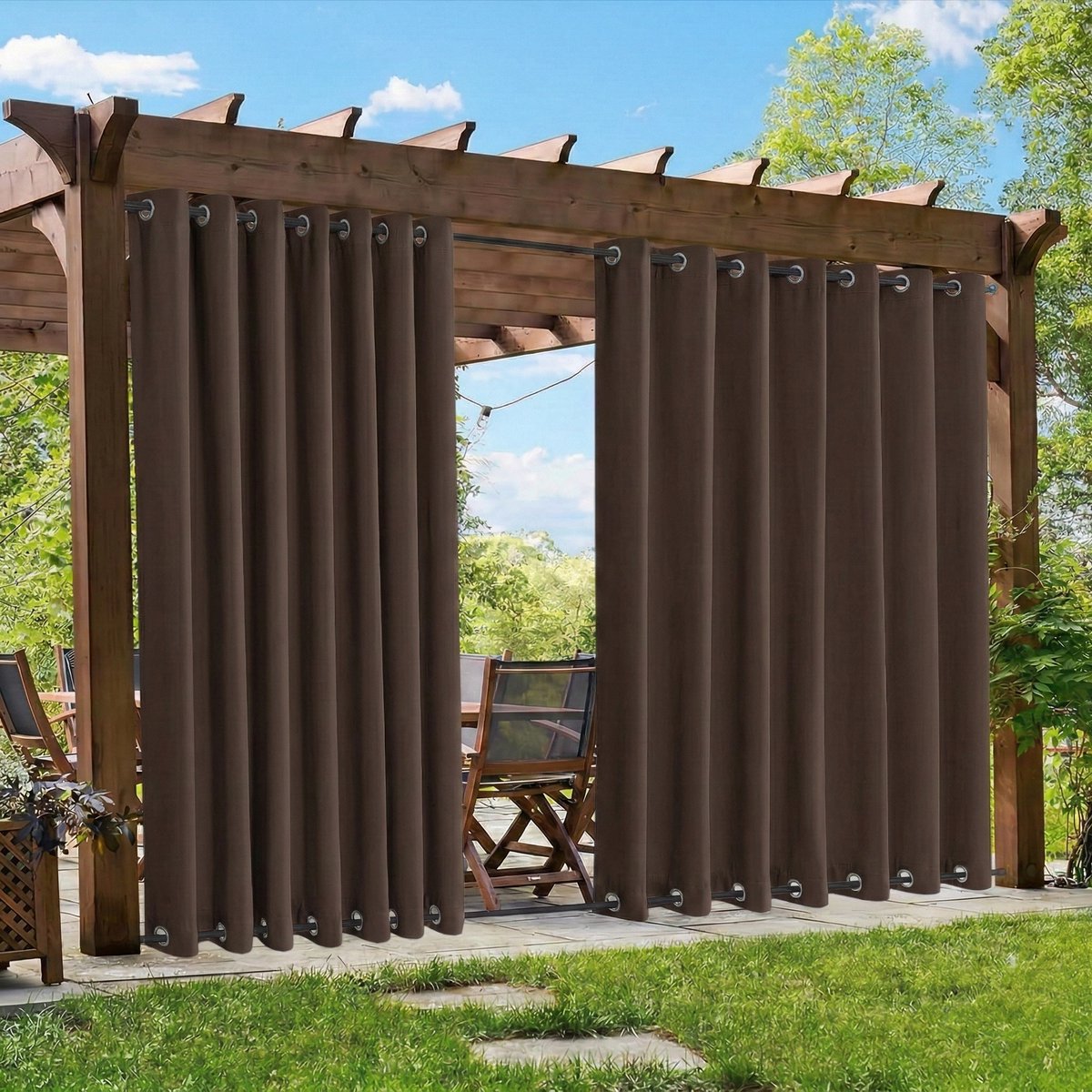 Qelus Verduisterende Buitengordijnen Winddicht - Extra Breed Outdoor Gordijn Waterdicht met Dubbele Oogjes - Balkongordijn - Rideau Occultant - 254x243cm - Bruin(1 Stuk)