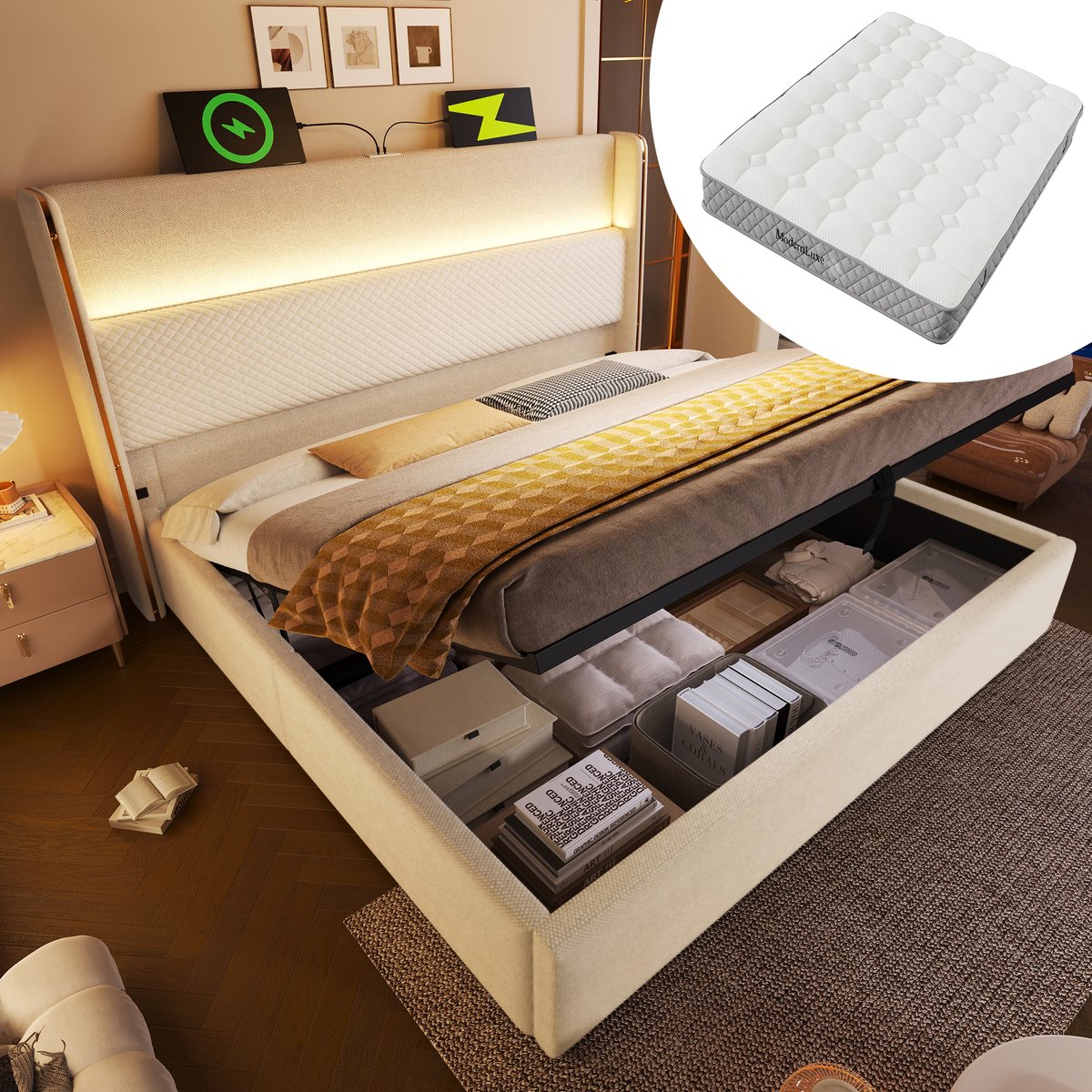 Gutent-Gestoffeerd bed 160x200cm-tweepersoonsbed met ledverlichting-opbergruimte en USB/Type-C-aansluitingen-linnen-beige-met matras