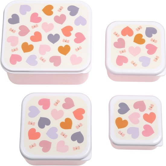Set de quatre boîtes à lunch roses avec un motif de cœurs multicolores et de papillons.
