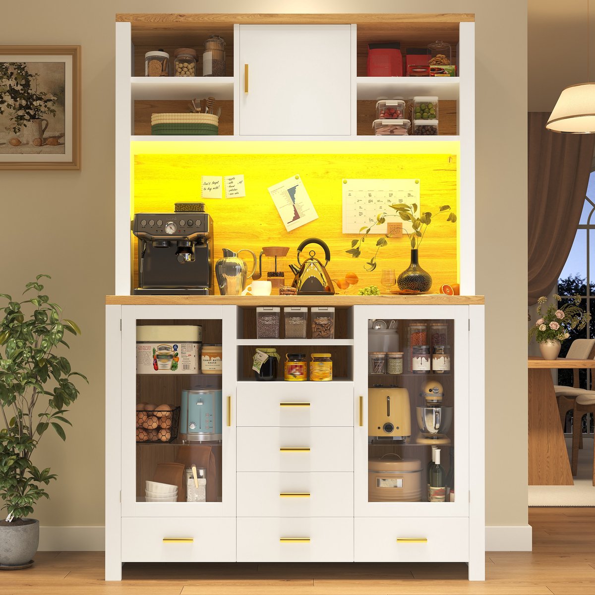 PHOEBE CAT Keukenkast - Dressoir - 6 lades - LED-verlichting - Houtnerf - Wit + Naturel