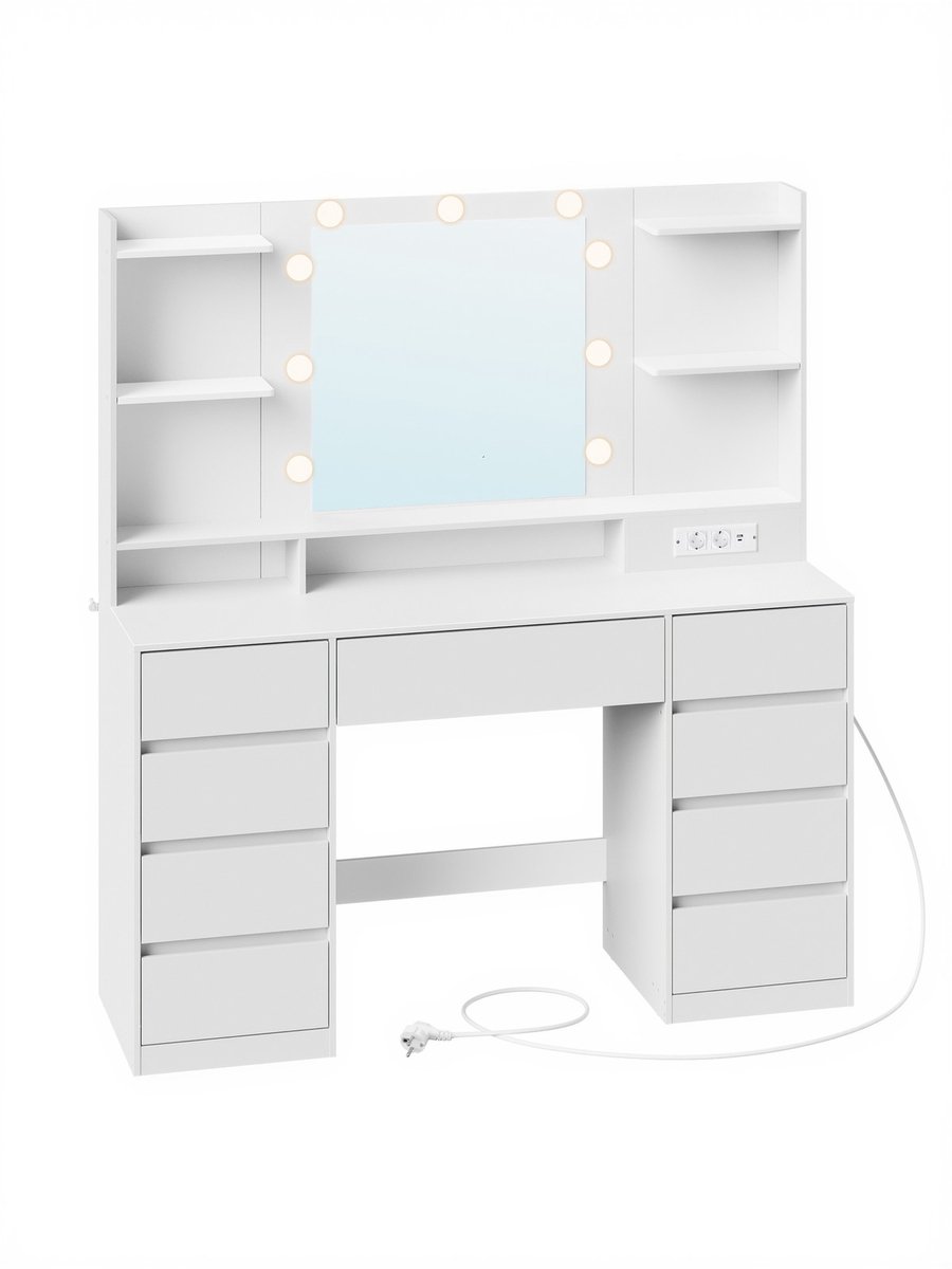 Songmics Kaptafel – Met spiegel en LED-verlichting – 9 lades – Wolkwit – 40 x 107 x 144 cm