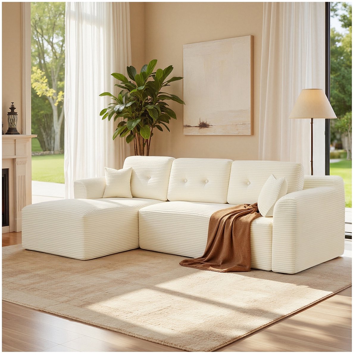 Modulaire hoekbank – 244 cm breed – Met chaise longue aan de linkerzijde – Crèmewit – Geen montage vereist