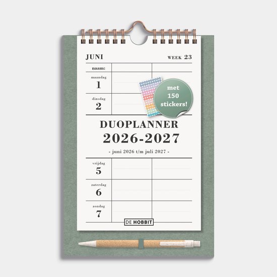 Hobbit - Duoplanner 2026-2027 - (25 x 16 cm) - 1 week op 1 pagina - Weekkalender voor 2 personen - Met pen - Groen