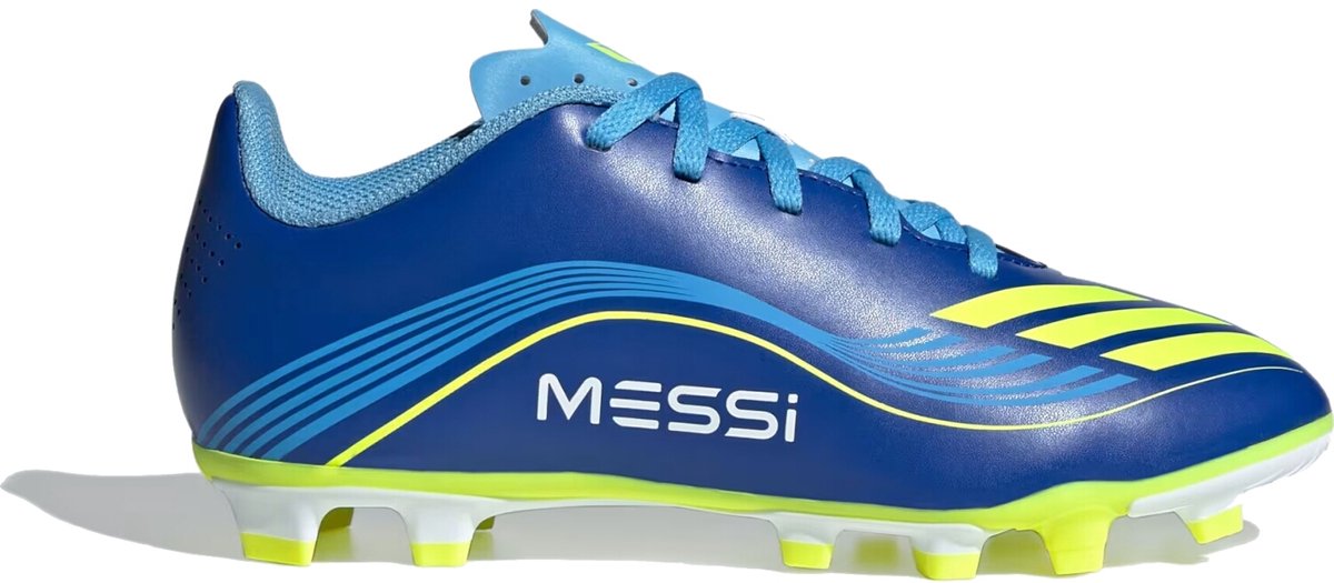 Lichtgewicht blauwe Adidas F50 Messi voetbalschoenen voor kinderen, maat 34, met gele details en Messi-logo.