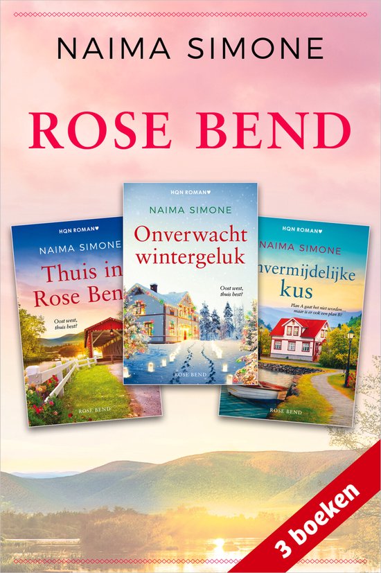 Boekcover met titels 'Thuis in Rose Ben', 'Onverwacht wintergeluk' en 'Onvermijdelijke kus' door Naima Simone, met landschappen.