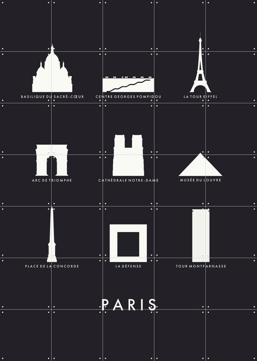 IXXI Paris Architecture black, Kunst in Kaart - 100 x 140 cm - Gratis ophangtool - Grote wanddecoratie en posters - Illustraties, Minimalisme