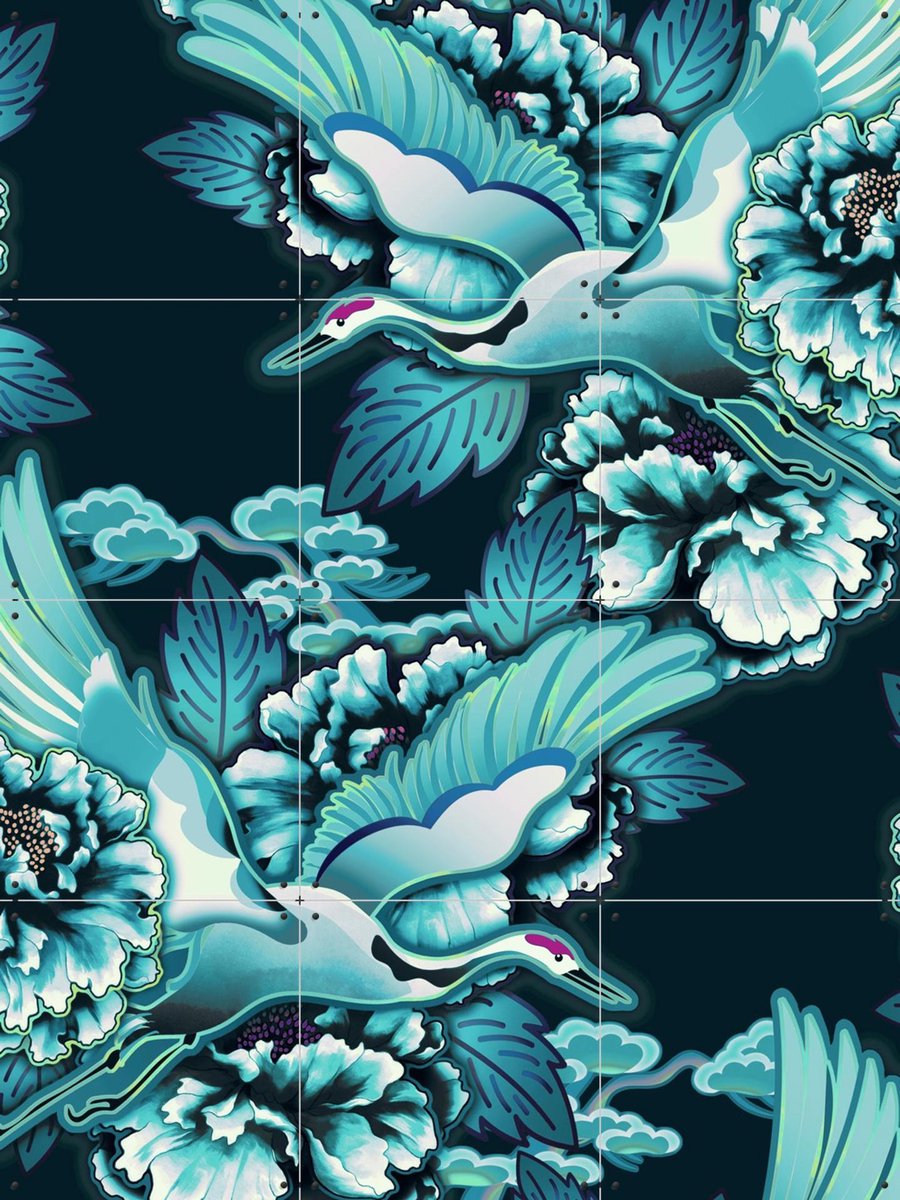 IXXI Crane Bird Pattern Cloudy Petrol, Marylène Madou - 60 x 80 cm - Gratis ophangtool - Grote wanddecoratie en posters - Digitale Kunst