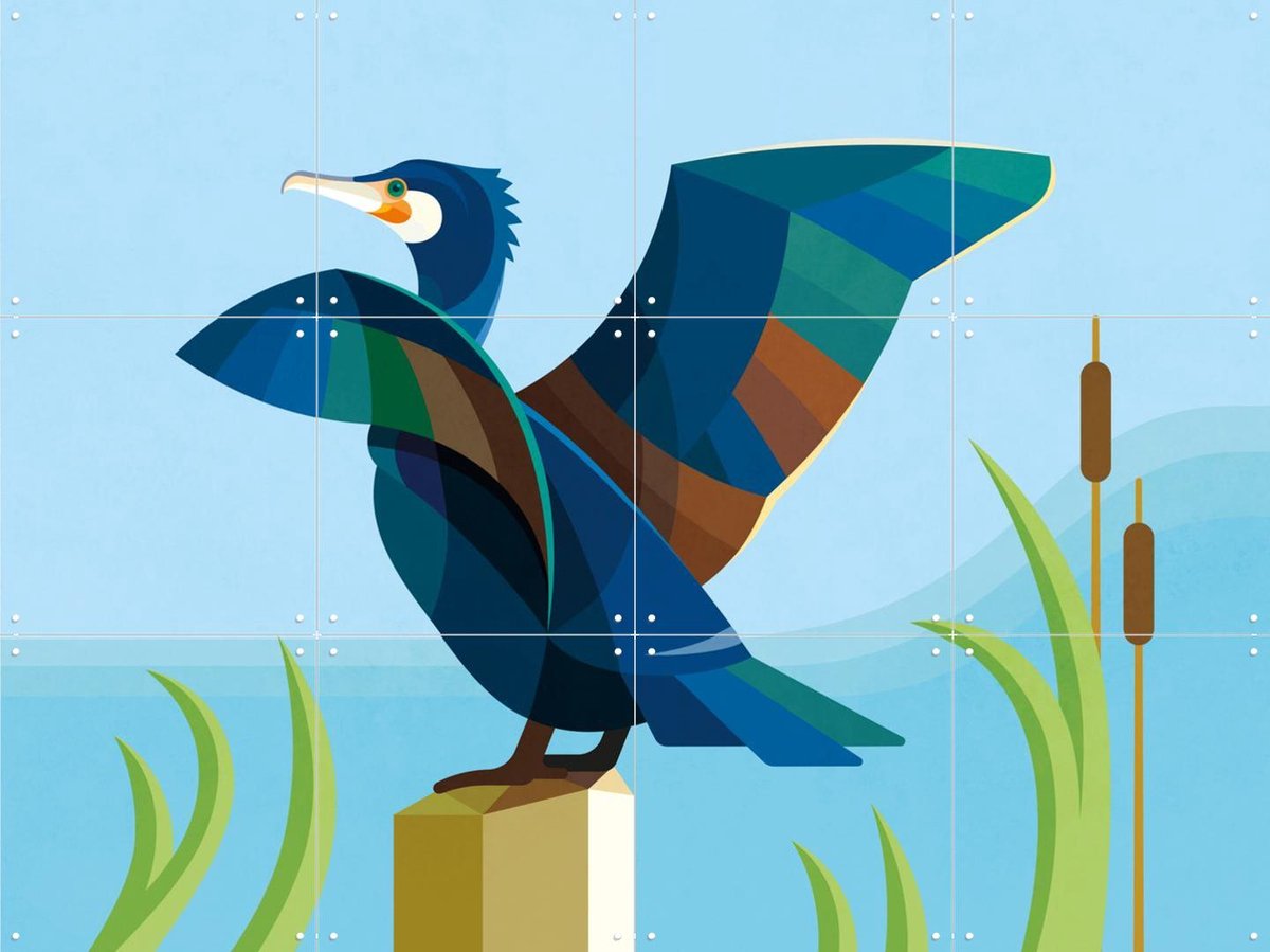 IXXI Aalscholver, Elke Uijtewaal - 80 x 60 cm - Gratis ophangtool - Grote wanddecoratie en posters - Geometrische Kunst, Kleurrijk, Grafisch Ontwerp