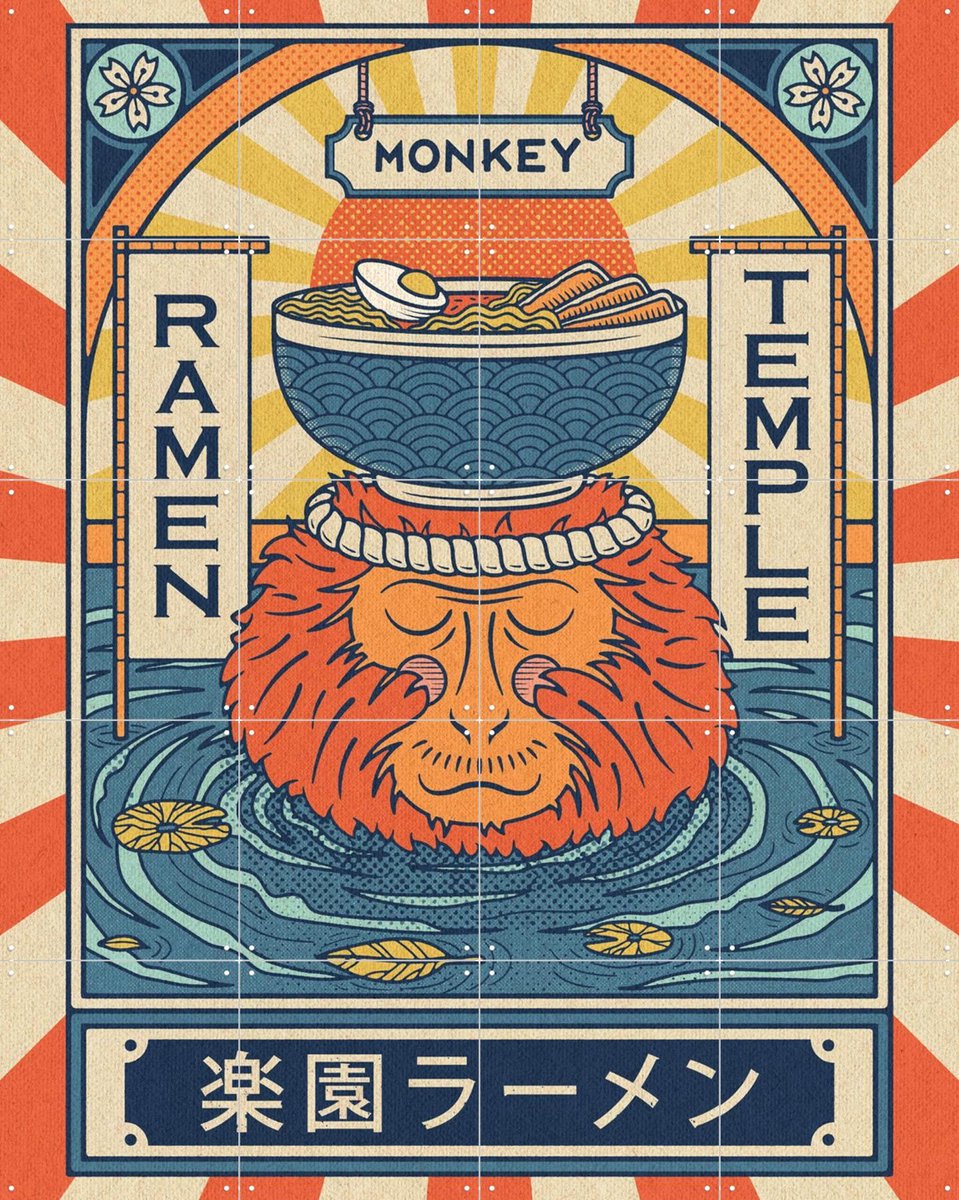 IXXI Ramen Temple Monkey, Ryan Ragnini - 80 x 100 cm - Gratis ophangtool - Grote wanddecoratie en posters - Illustraties, Vintage, Grafisch Ontwerp
