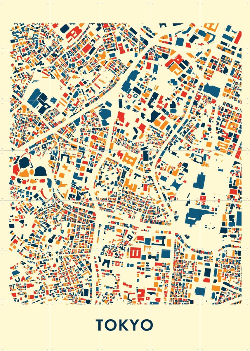 IXXI Tokyo Mosaic City Map, Kunst in Kaart - 100 x 140 cm - Gratis ophangtool - Grote wanddecoratie en posters - Illustraties, Kleurrijk, Digitale