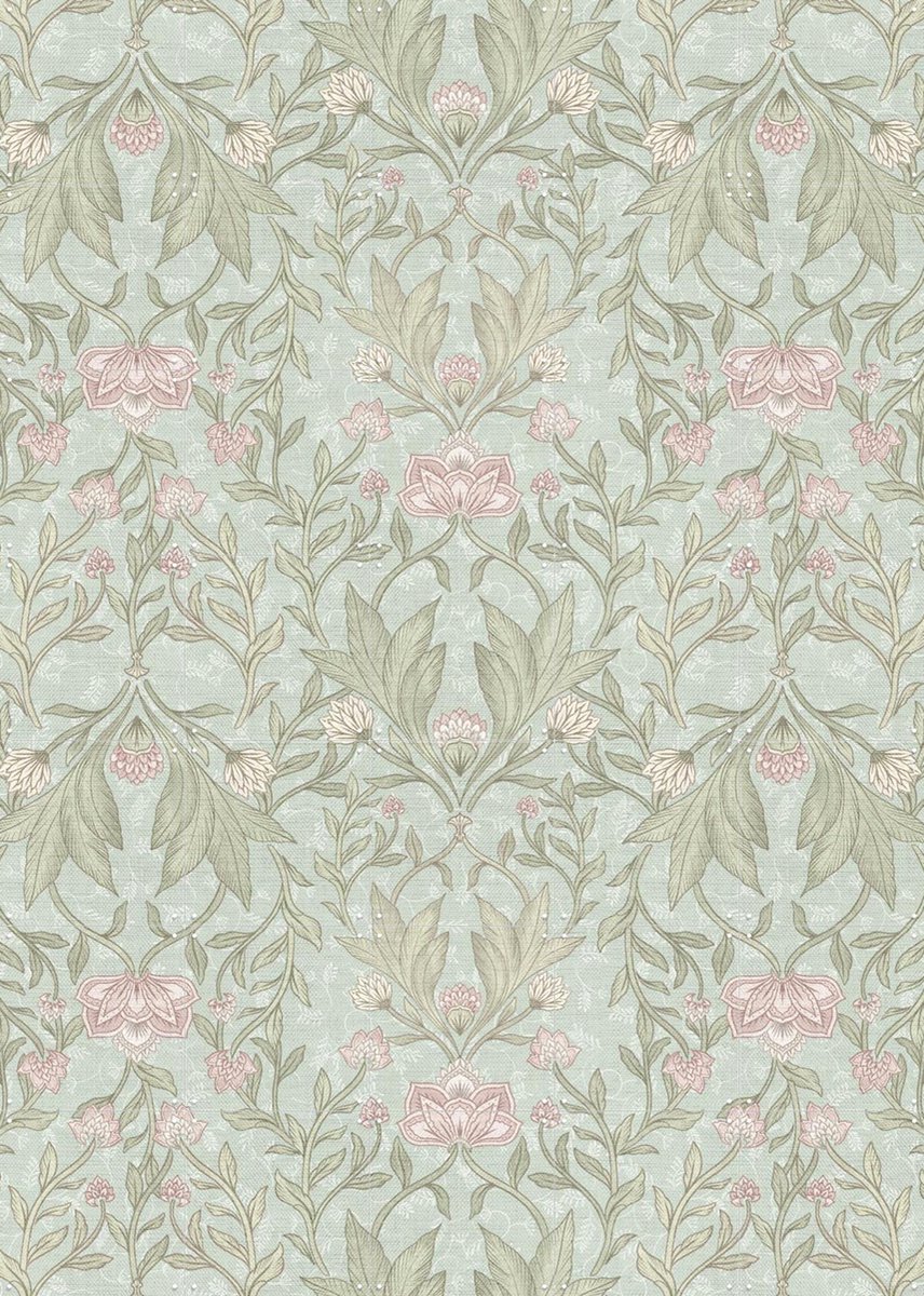 IXXI Morris Floral Damask & leaves - soft teal, Bloomery Decor - 100 x 140 cm - Gratis ophangtool - Grote wanddecoratie en posters - Vintage