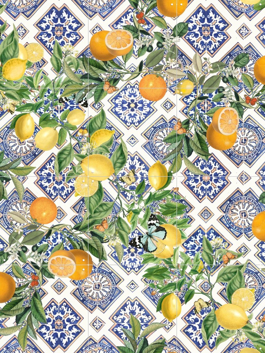 IXXI Mediterranean tiles lemons and oranges I, Bloomery Decor - 60 x 80 cm - Gratis ophangtool - Grote wanddecoratie en posters - Decoratieve kunsten
