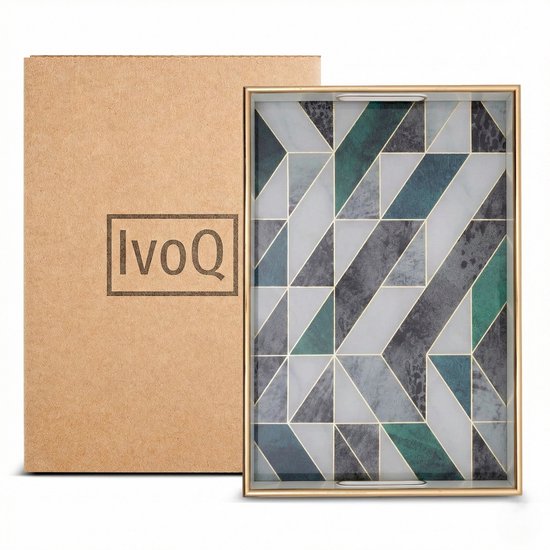 IvoQ dienblad met gouden rand en geometrisch marmerpatroon in groen, grijs en wit.
