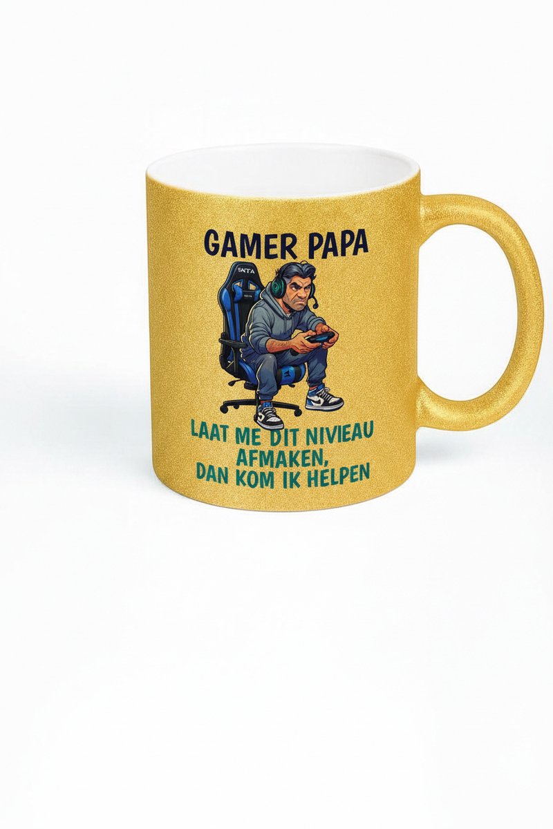 Gamer Papa Gouden Glitter Mok - Persoonlijk Cadeau voor Gaming Vaders