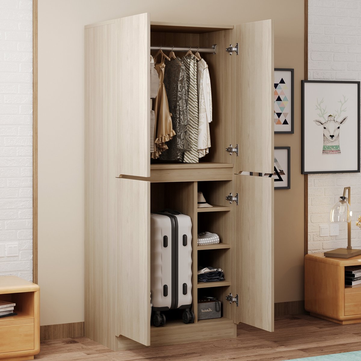 STILVORA Kledingkast - Dubbele Deuren Met Hangruimte En Vakken - Voor Slaapkamer En Hal - Houtlook - 70x40x170 Cm - Naturel Houtkleur