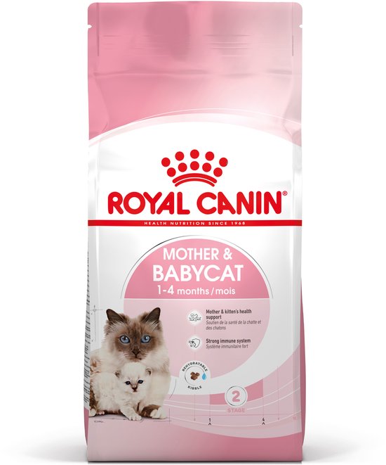 Roze zak Royal Canin Mother & Babycat voer met afbeelding van een moederkat en kitten.