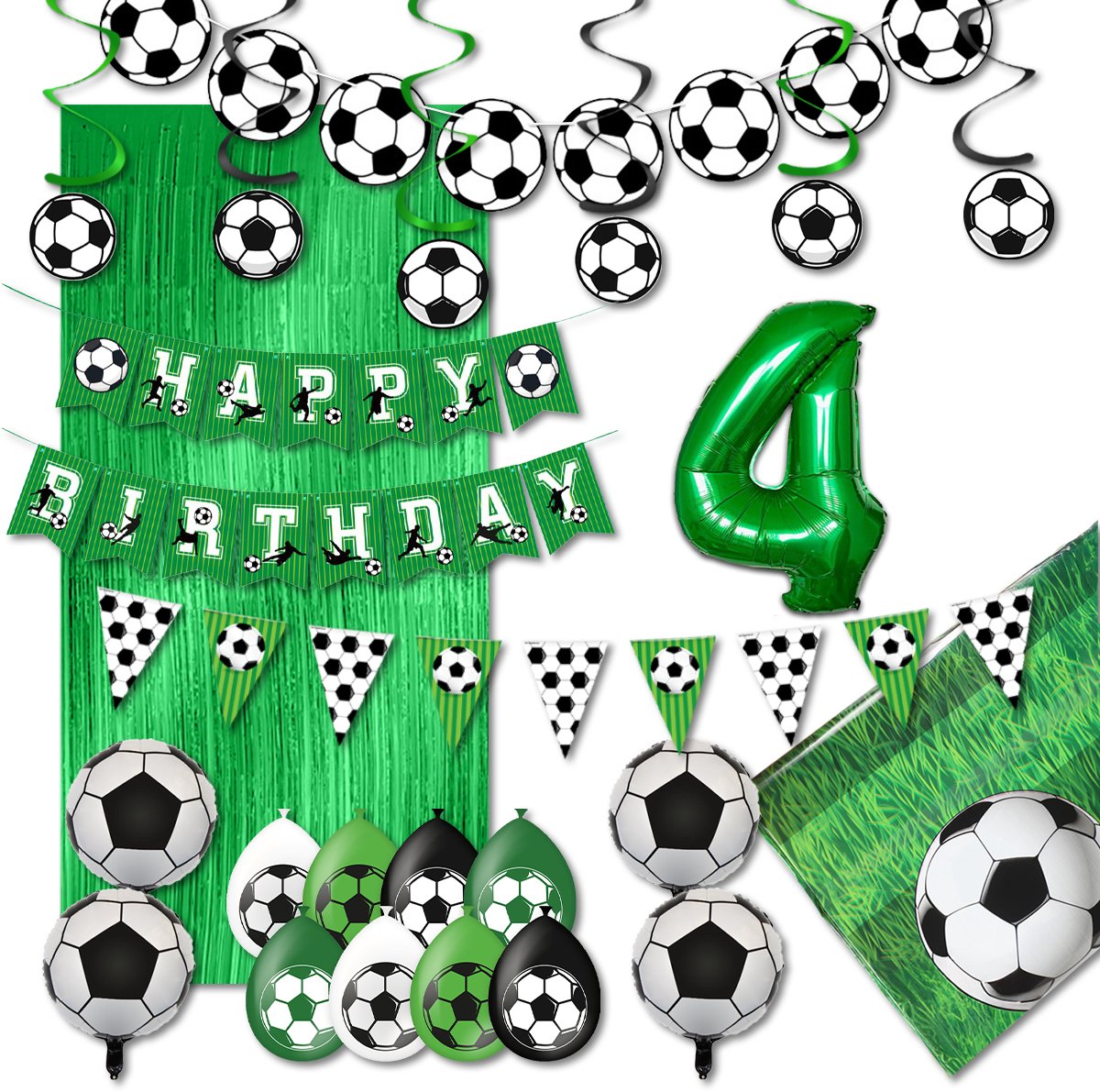 LUQ – Verjaardag 4 Jaar Voetbal Set – Groen-Zwart-Wit – Kinderfeest Football Decoratie – Birthday Versiering Pakket