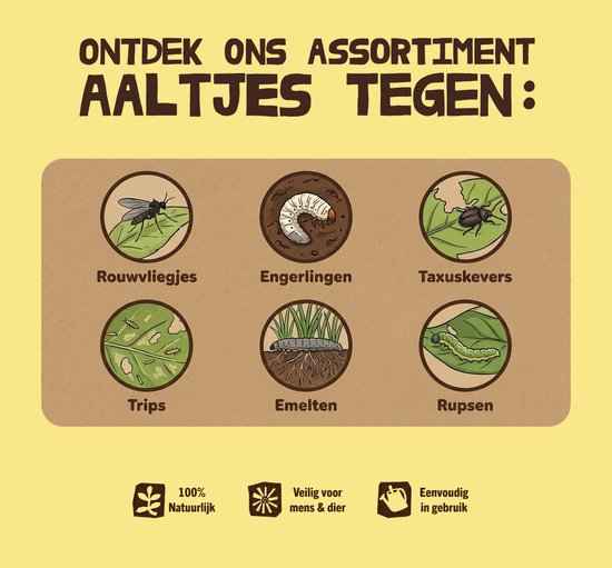 Overzicht van Econema aaltjes tegen diverse plagen: rouwvliegjes, engerlingen, taxuskvers, trips, emelten, rupsen. Natuurlijk en veilig.
