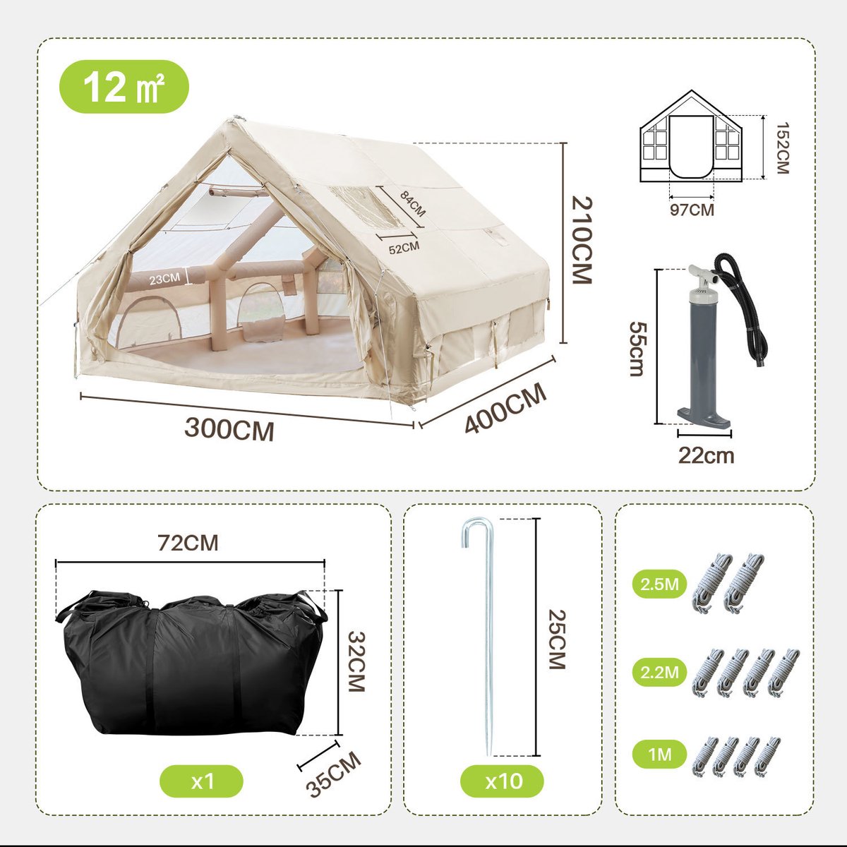 opblaasbare tent opblaasbare glamping tent Waterdicht Tot 6-8 personen Beige Camping, Tuin, Glamping 300x400x210cm – foto 2