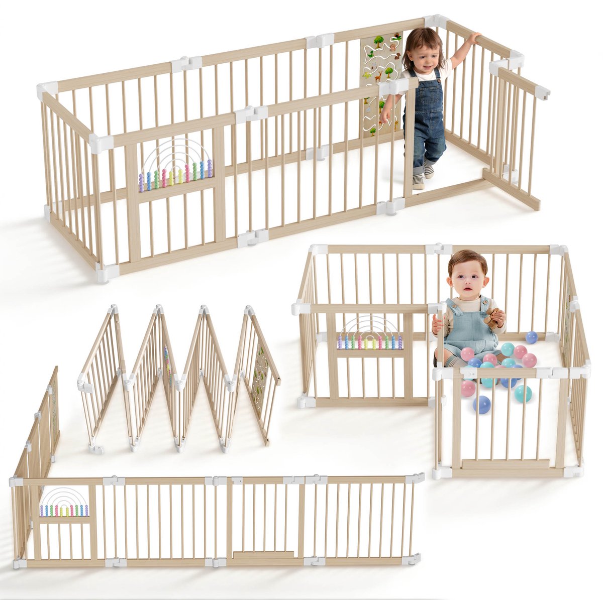 Froadp Houten babybox met speelcentrum, speelbox voor baby's en peuters, opvouwbare houten speelbox, speelhek met poortje voor baby's en peuters, veilig veiligheidshekje