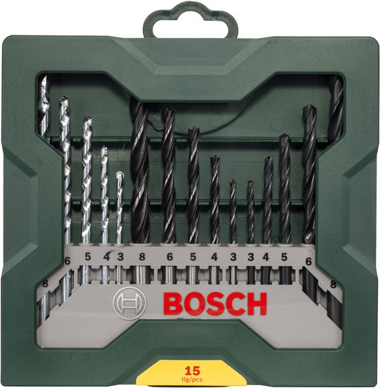 Boîtier vert contenant 15 forets Bosch, numérotés de 3 à 8.