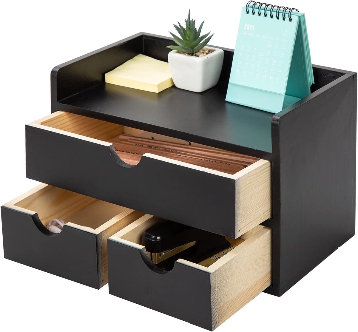 Bureau Organizer - Opbergkastje Hout - Bureau Kantoor - Drie Laden - 21 x 33 x 20 cm - Zwart