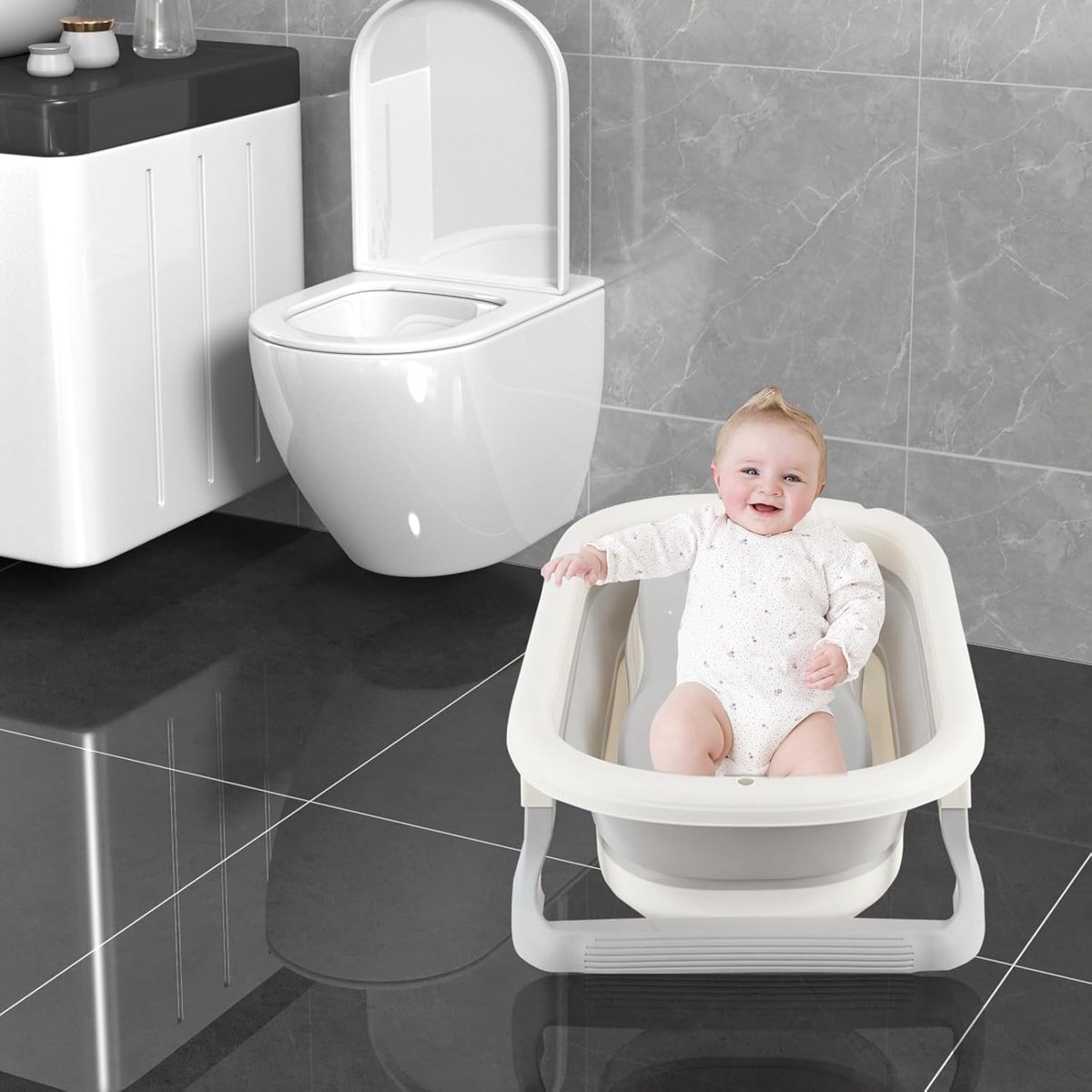 Opvouwbare Babybadkuip - Draagbaar Babybad - Veilig Baden - Met Temperatuurweergave - 71 x 43 x 18.5 cm - Grijs thumbnail 6