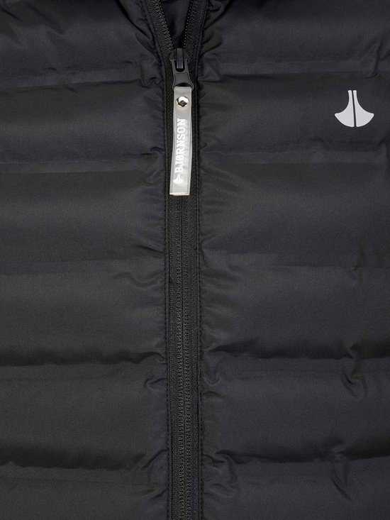 Zwarte opvouwbare bodywarmer van Bjørnson met ritssluiting en logo.