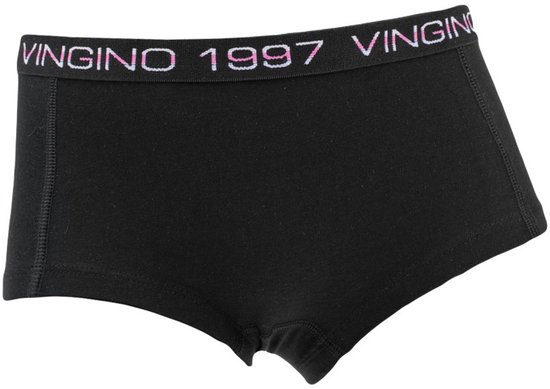 Zwarte Vingino boxer met witte, roze en paarse glitter tailleband met 'Vingino 1997' logo.