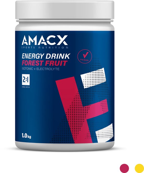 Pot Amacx Energy Drink Forest Fruit met roze en rode accenten.