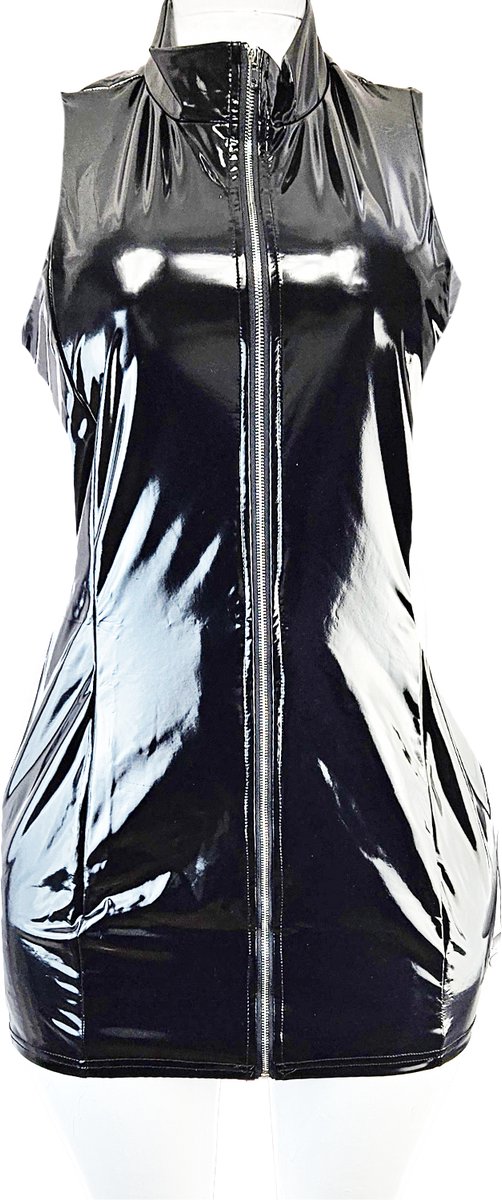 BamBella® - Jurk- Maat L/XL - zwart met rits Rollenspel sm dames sexy Glans kleding mix van Latex en stof Datex