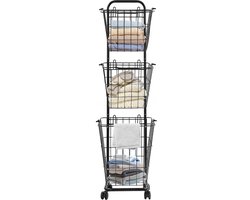 Wasmandwagen Met 3 Manden Zwart 26*32*123cm 3-Laags Rolbare Wasmanden Op Wielen Wasrek Waswagen Voor Badkamer Waskeuken
