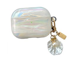 Transparant parelmoer hoesje voor oordopjes dames met schelp patroon en decoratieve hanger geschikt voor AirPods Pro 3 met iriserende afwerking en clip