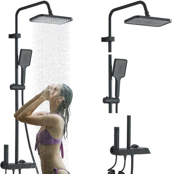 Vrouw onder de douche met een zwarte regendouche. Douchekop en handdouche apart getoond.