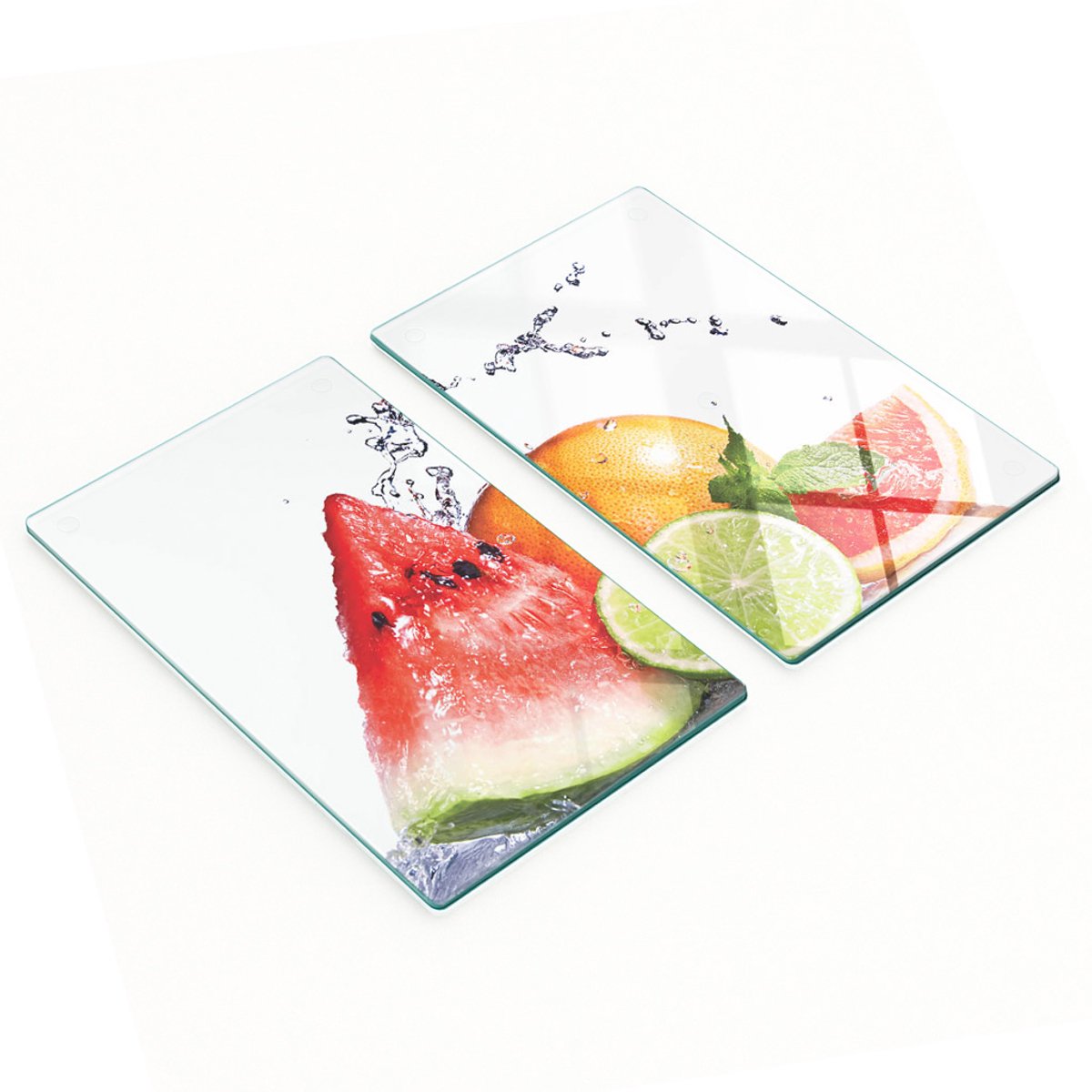 Decoratieve glazen snijplanken voor in de keuken, grapefruit- en watermotief, 2x30x52 cm