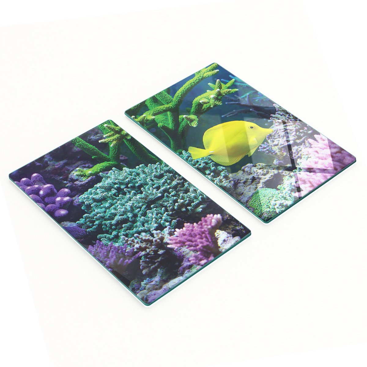 Twee decoratieve snijplanken van gehard glas met gele vissen, 2x30x52 cm