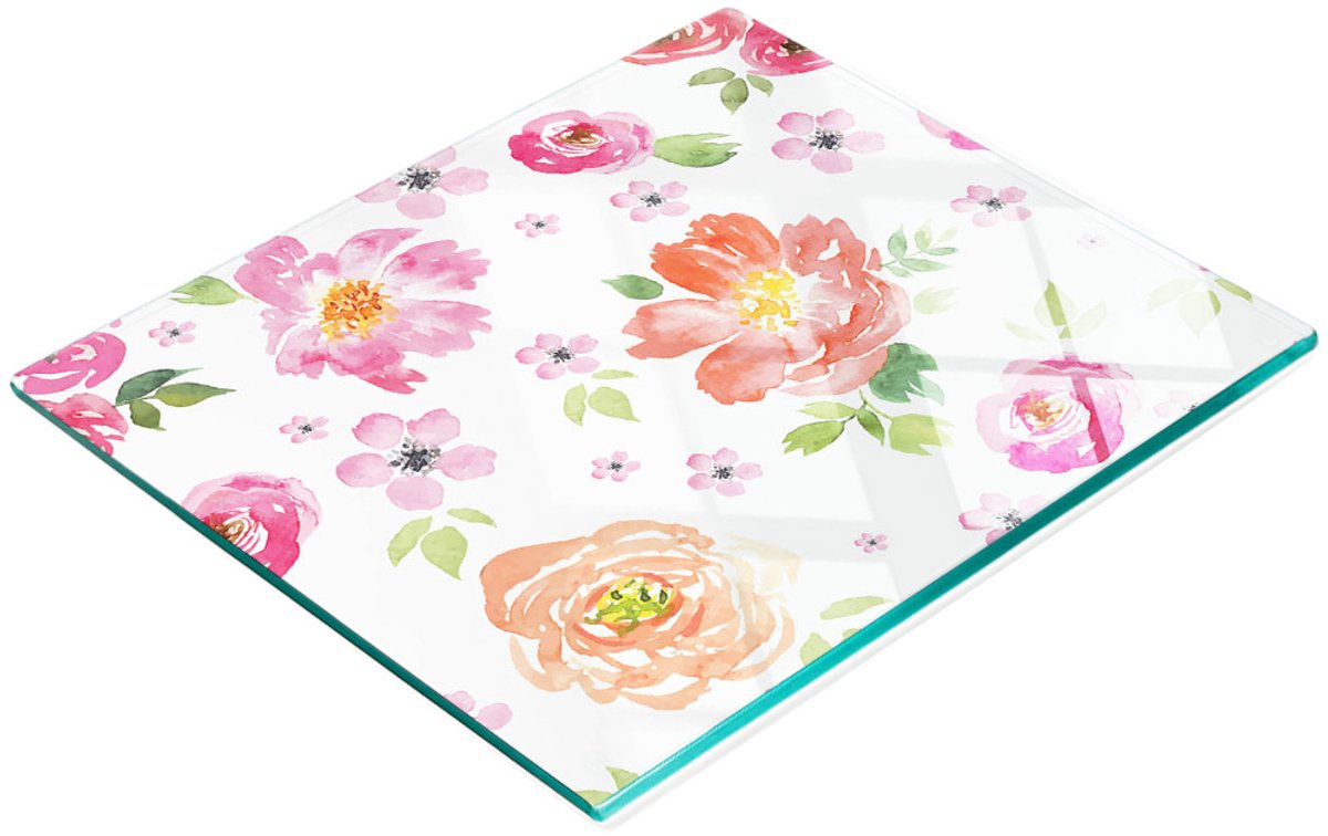 Decoratieve glazen snij- en serveerplank met aquarelbloemen, 60x52 cm