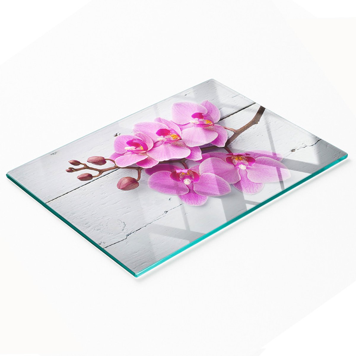 Decoratieve snijplank van gehard glas met orchideemotief op hout, 80x52 cm