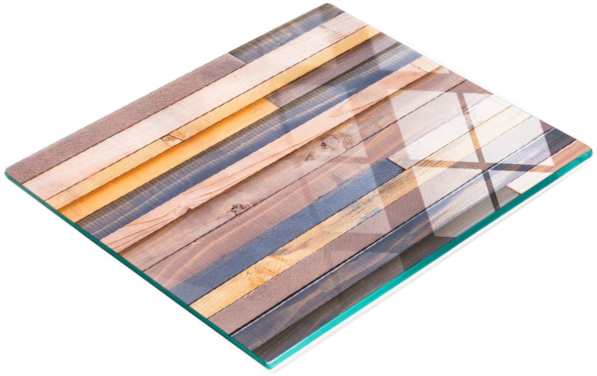 Decoratieve glazen snij- en serveerplank met houten wandbekleding, 60x52 cm