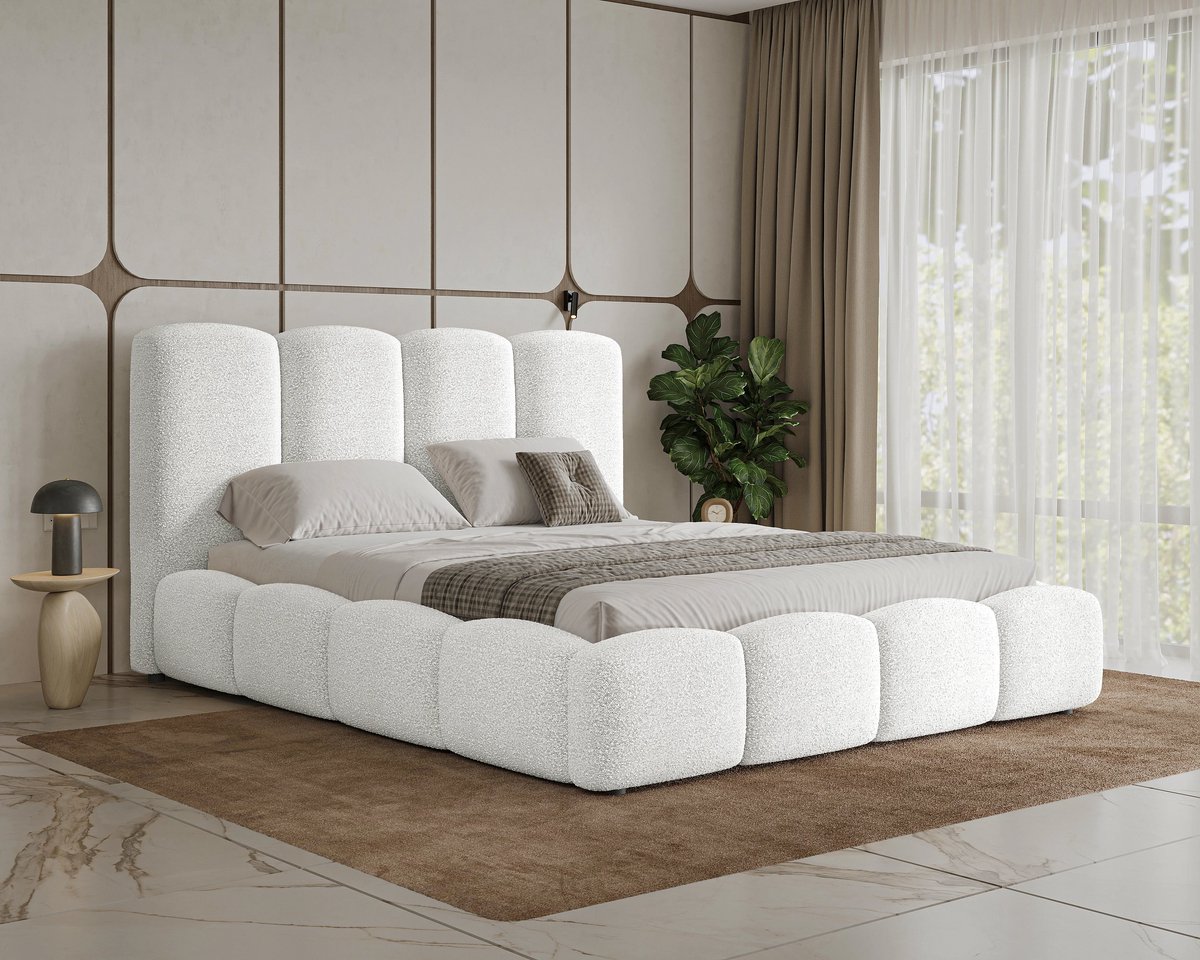 Laura Gestoffeerd Tweepersoonsbed 200x200 cm – Luxe Bouclé Bed met Hoog Hoofdbord, Opbergruimte en Houten Lattenbodem – Fluffy Comfort – Laura Wit