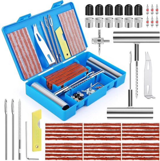 Gedetailleerde weergave van een blauwe bandenreparatieset met alle onderdelen, inclusief reserveonderdelen en gereedschap.