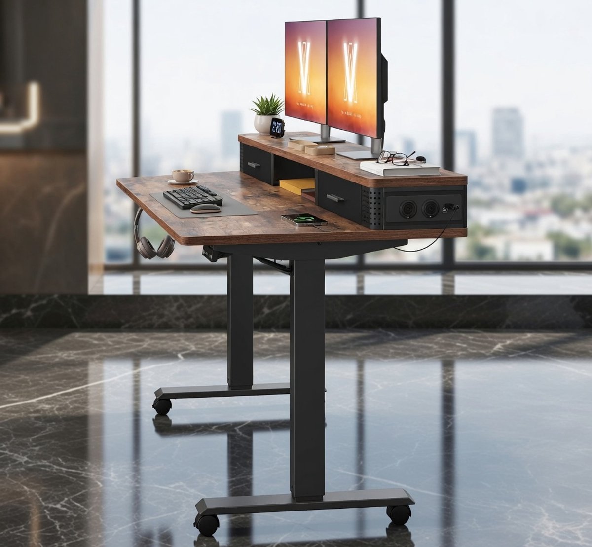 Elevate Elektrisch In hoogte Verstelbaar Bureau 140x60 cm – Elektrisch Zit-Sta Bureau met Monitorstandaard, Laden, USB-Opladen, Geheugenfunctie & Kabelmanagement – Vintage Bruin House&Garden