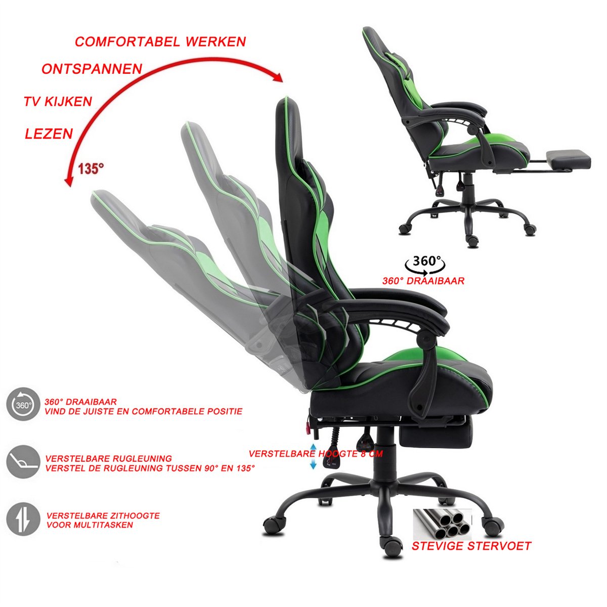 Delman Gaming Stoel met Massage en Voetsteun – Ergonomische Bureaustoel met Hoofdsteun, Verstelbare Rugleuning tot 135°, 360° Draaibare Game Stoel voor Gaming en Thuiswerken – foto 3