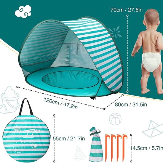 CLVP® Strandtent UV Bescherming - Strandtent Baby Pop Up - Strandtentje Extra Licht - Strandschelp - Strand Tent - Groen en Wit van CLVP® — afbeelding 5
