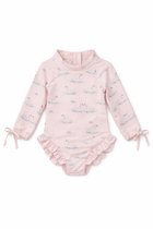 Supercute UV Badpak Meisjes - Soft Cream – Peuter Zwempak Lange Mouw – Zwaan Print – 6 t/m 12 maanden