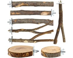 8 stuks Vogelzitstok Set - Appelhout & Hardhout - Platforms & Takken - Voor Parkieten, Valkparkieten, Lovebirds