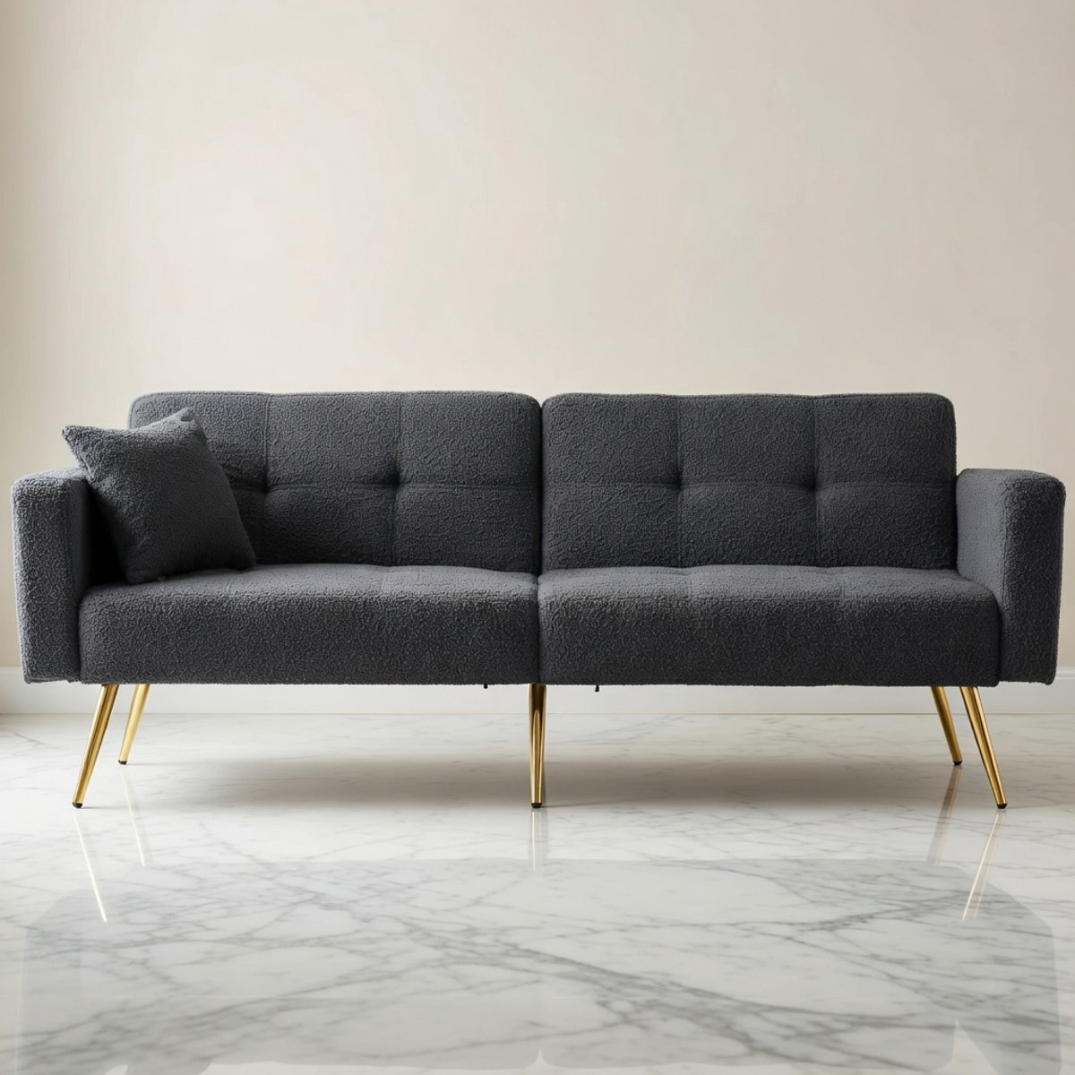 Luxe House&Garden Slaapbank met Bedfunctie | Donkergrijs | Verstelbare Rugleuning | Zachte Lamswollen Bekleding | Gouden Poten | Zijopbergvakken | 2-Zits Sofa voor Woonkamer en Logeerkamer