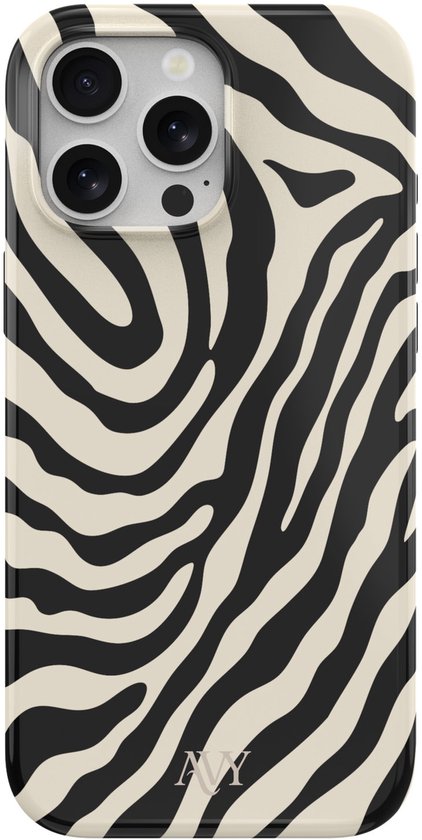 iPhone 12 Pro Max hoesje met zebraprint in zwart en crème. Logo AVY onderaan.